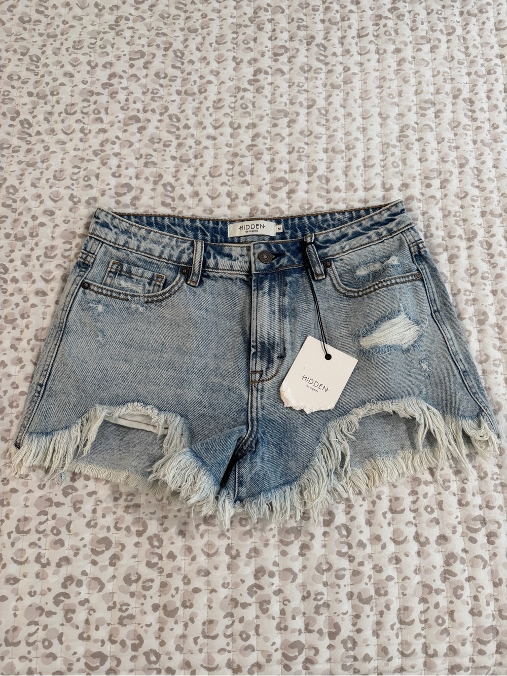 HIDDEN SOFIE Light Blue Distressed Frayed Hem Denim Shorts